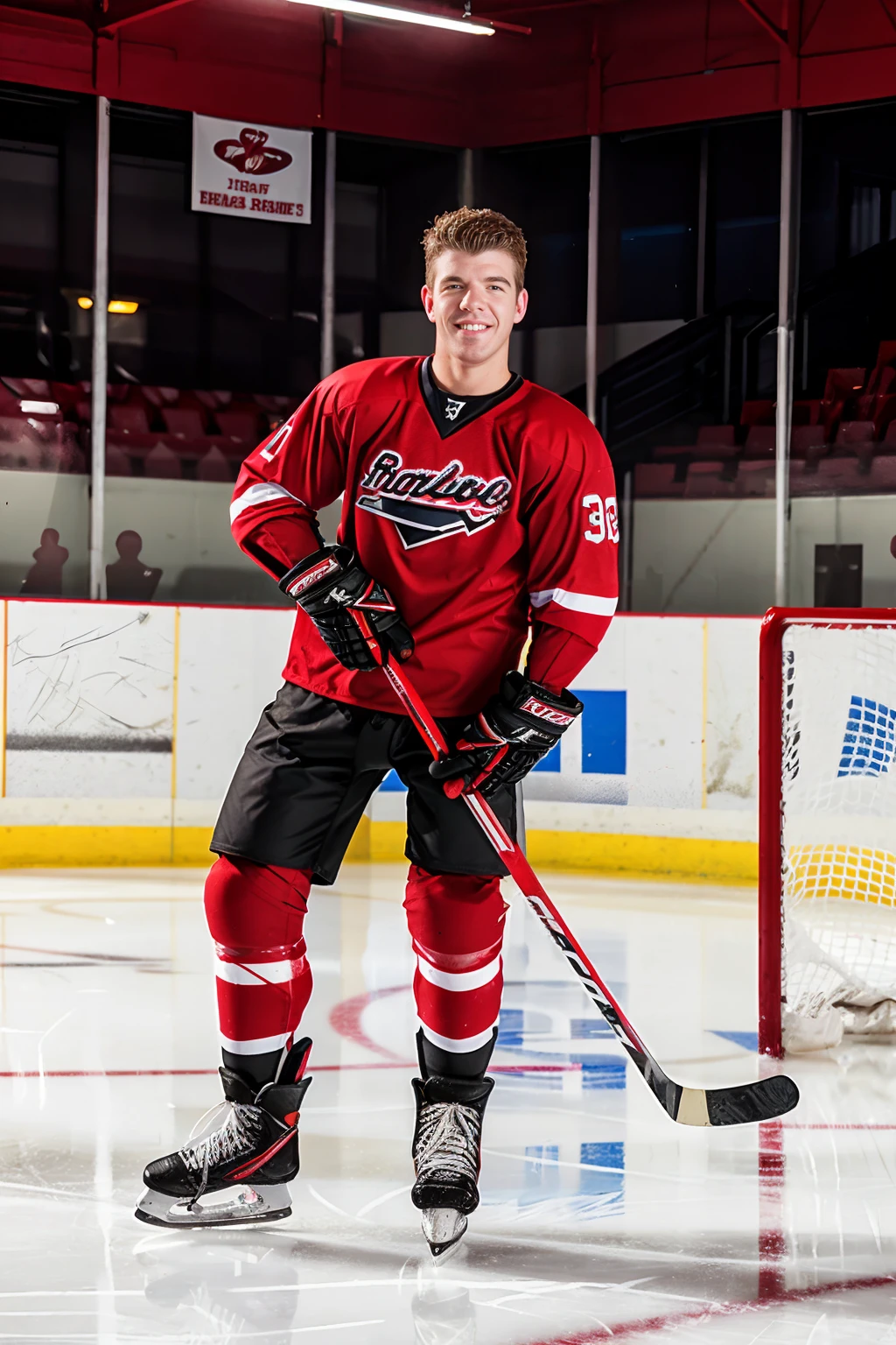 hockey rink,  standing, JJKnight wearing red hockey shoulder pads, red hockey uniform, gloves, holding hockey stick, smiling, (((full body portrait))), wide angle <lora:JJKnight:0.8>