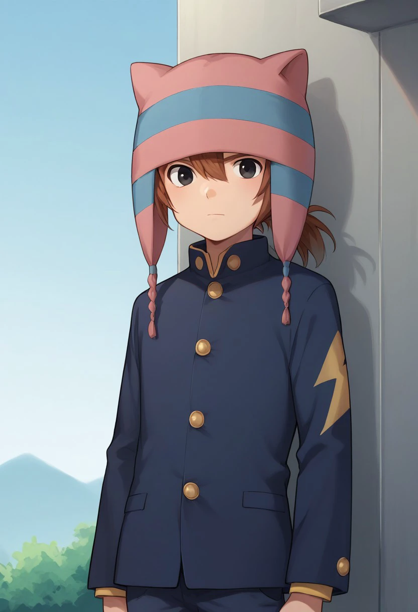 score_9, score_8_up, score_7_up, source_anime, highly detailed, 
matsuno, 1boy, male focus, solo, brown hair, ponytail, black eyes, hat, animal hat, school uniform, gakuran, jacket, blue jacket, long sleeves, buttons, pants, blue pants,
outdoor,