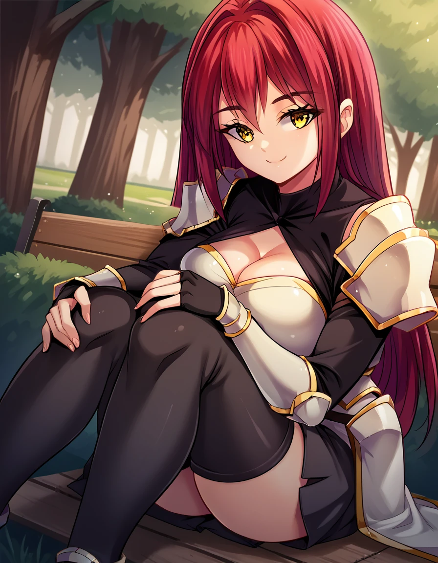 score_9, score_8_up, score_7_up, source_anime, <lora:elza-forfria-ingame-ponyxl-lora-nochekaiser:1>, elza forfria, long hair, large breasts, yellow eyes, red hair,, skirt, thighhighs, cleavage, black thighhighs, armor, cleavage cutout,, park, grass, benches, path, recreation, smile, <lora:knees-to-chest-ponyxl-lora-nochekaiser:1>, knees to chest, ass peek, breast press, sitting, knees up, hugging own legs,, looking at viewer, solo,, dutch angle, cowboy shot