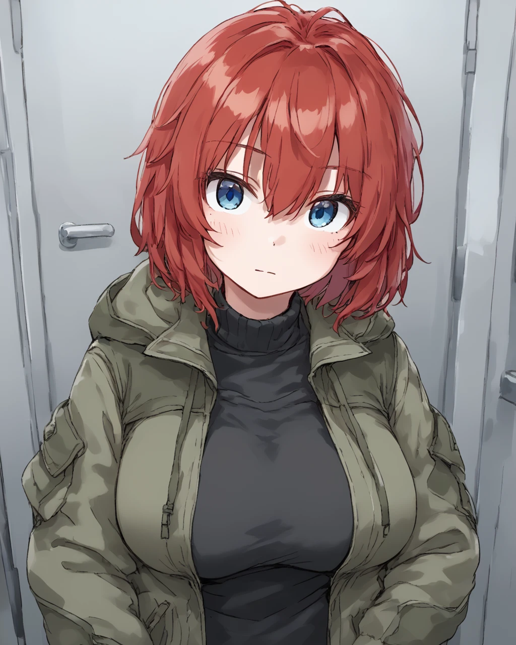 <lora:[PonyXL] Ayesha Drachev v0.22 (SomeSloppyBoi):0.9> 1girl, solo, ayesha, red hair, short hair, blue eyes, olive hoodie jacket, large breasts, (completely open jacket:1.4), black turtleneck sweater, front view,