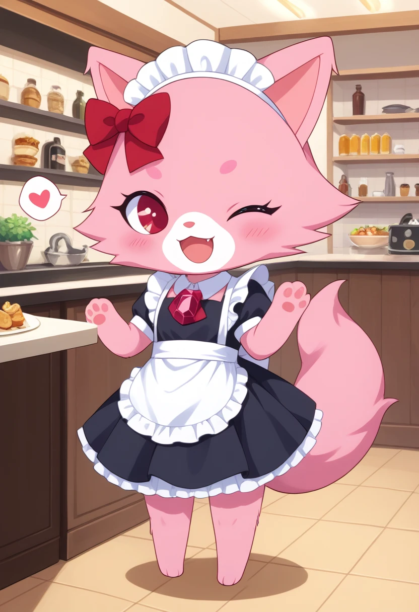 score_9, score_8_up, score_7_up, score_6_up, score_5_up, BREAK
garnet, anthro, female, jewelpet, solo, 1 bow, jewelry, standing, pink fur, tail, full body, red eyes, flower, hair bow, necklace, red bow, no humans, :3, cat, gem, pink paws, cafe, chibi, open mouth, thighhighs, happy, blush, one eye closed, wink, spoken heart, maid outfit, maid headdress, 