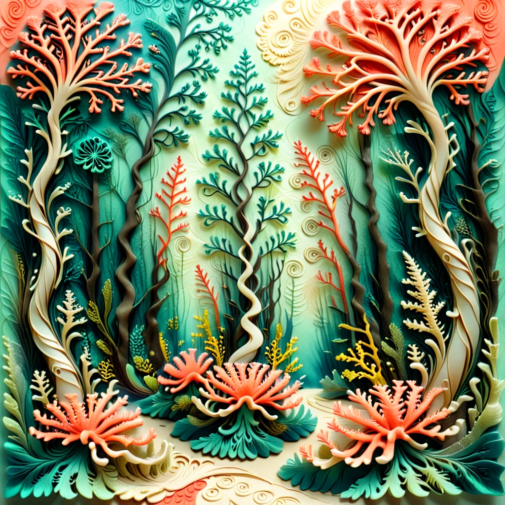 abstract nature print, coral forest, spirals, encaustic, hemp, rococo style, Sunken, complementary colors, scalloped pattern, embossed effect, embroidery accents, interlaced, textured paper texture, sheer finish <lora:artfully_DEPTHMAP:0.8>,  depth map, in the style of carved relief, embossing, encaustic, papercraft,