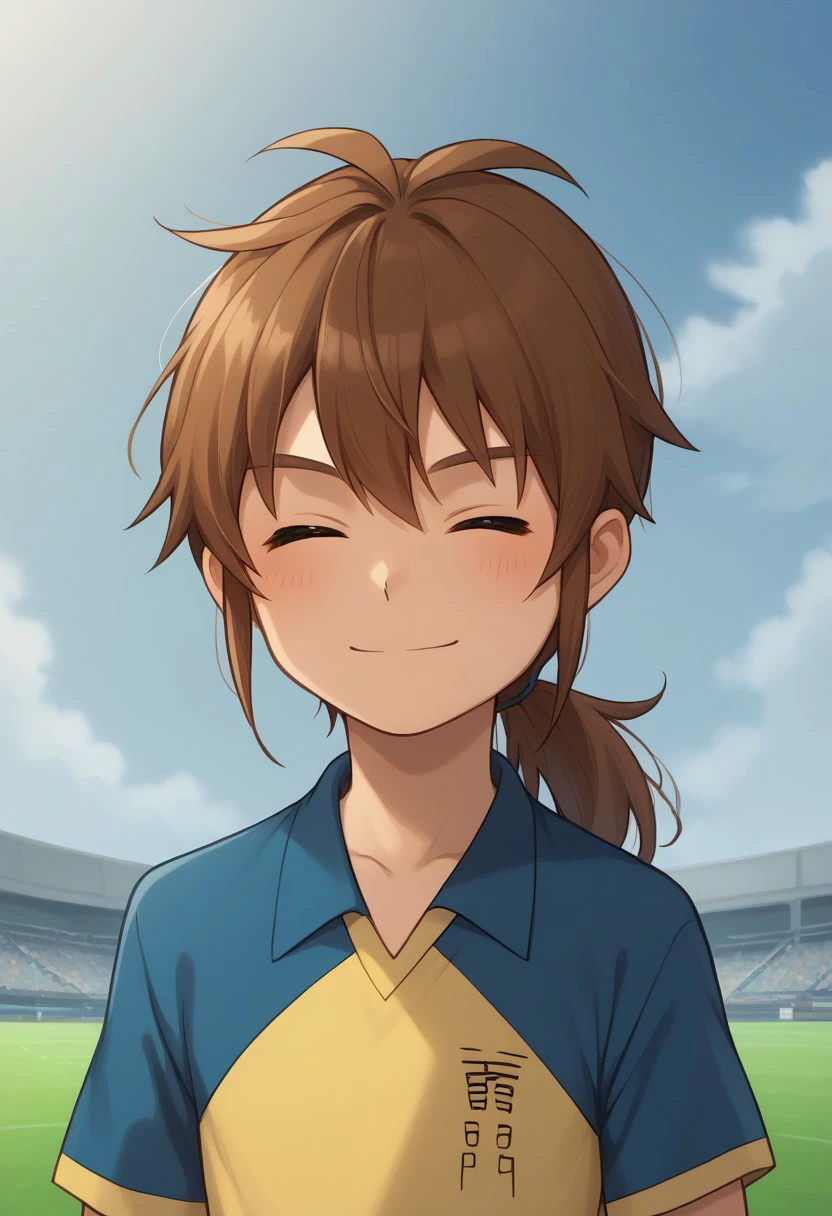 score_9, score_8_up, score_7_up, source_anime, highly detailed, 
matsuno, 1boy, male focus, solo, brown hair, ponytail, closed eyes, sportwear, raimon, soccer uniform, raimon soccer uniform, shirt, raglan sleeves, blue shirt, yellow shirt, short sleeves, upper body, smile, 
outdoor,