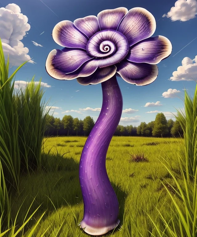 <lora:SpiralcorisSharp50DreamShSkip4:0.8> a purple mushroom with spiral core, grass, realism