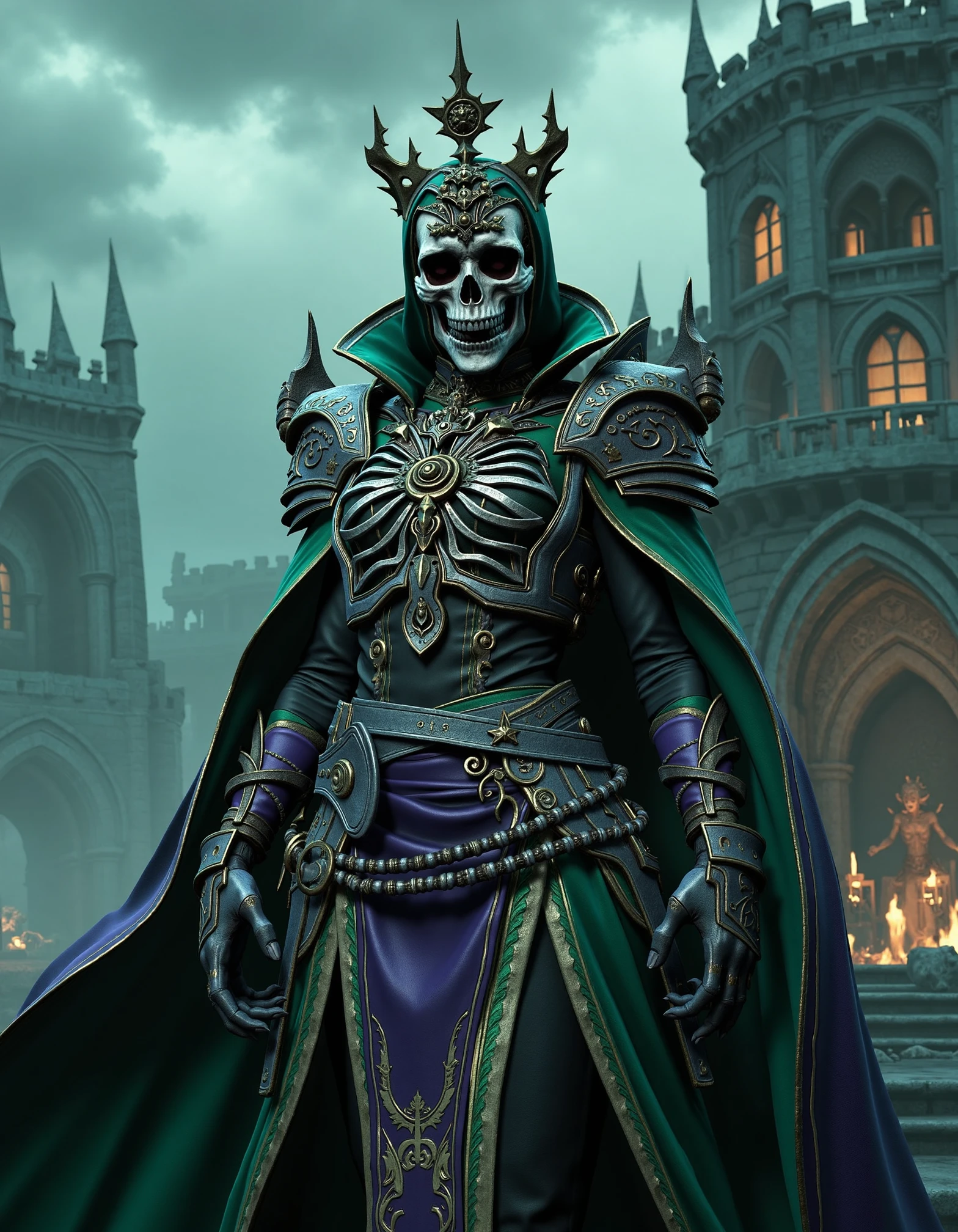 zavy-lch,Low-angle close-up, a regal lich queen clad in ornate dark robes with glowing runes and skeletal visage, a crumbling ancient castle with ominous clouds swirling overhead, cinematic style with high contrast lighting emphasizing her eerie presence, a palette of deep purples and ghostly greens accented by luminous whites.