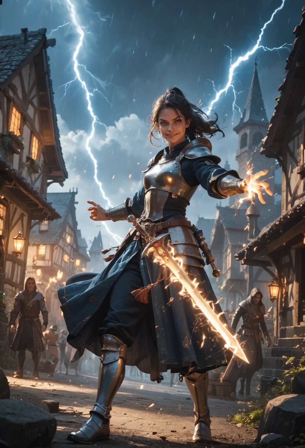 score_9, score_8_up, score_7_up, zPDXL, fantasy, (magic), adventurer, village, , female, smirk, , , holding weapon , knight , , hero, action pose, dramatic lightning, godrays, light particles, light light rays, sunbeam, <lora:aesthetic_anime_v1s:1.2>  <lora:Fant5yP0ny:0.5>