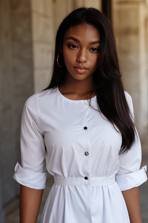 headshot, shirt dress, a breathtaking fashion photo of a beautiful woman,  <lora:AngelaGartenV1:1>, dark-skin female, long hair,  looking at viewer, dutch angle, simple background,