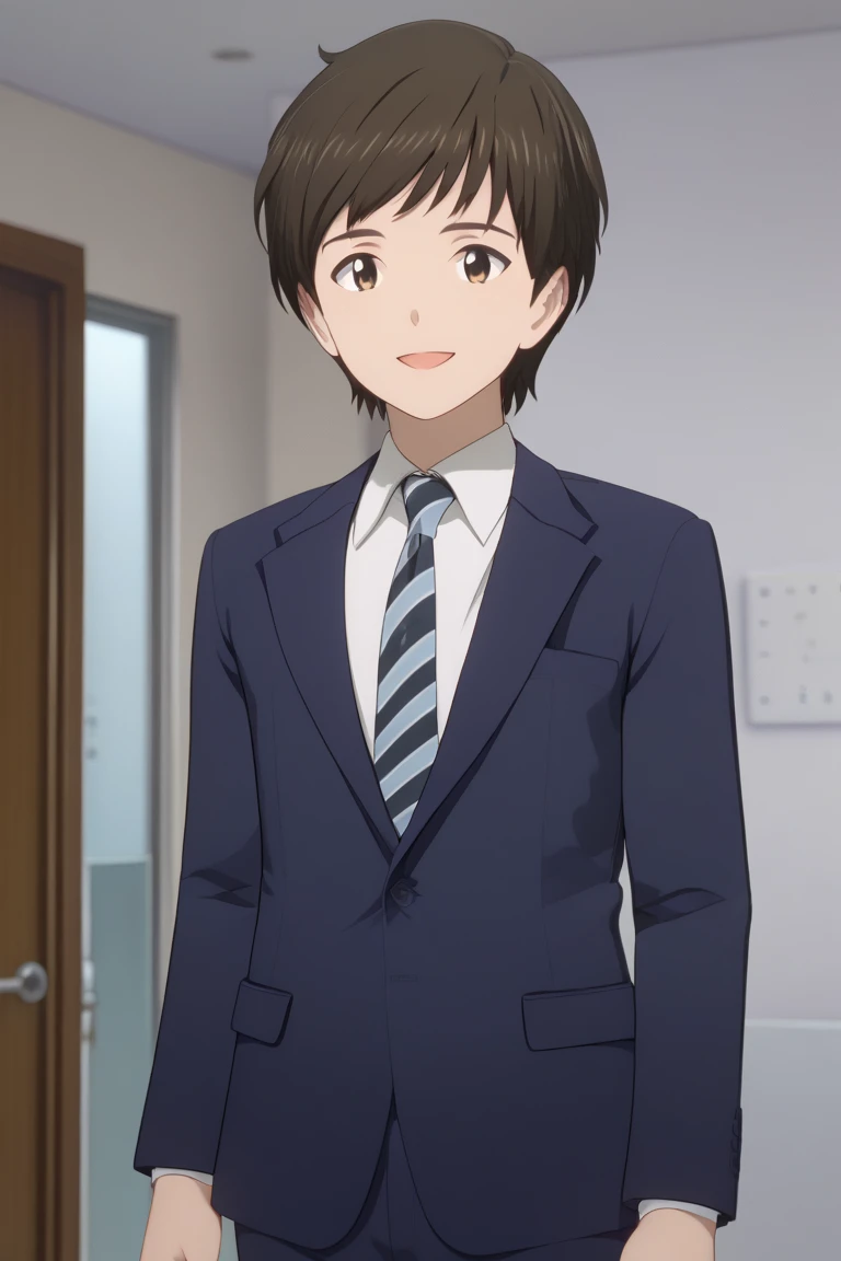 score_9, score_8_up, score_7_up, score_6_up, score_5_up, score_4_up, nakamurap, brown hair, brown eyes, 1boy, male focus, necktie, solo, formal, suit, door, smile, open mouth, looking at viewer, short hair, striped, pants