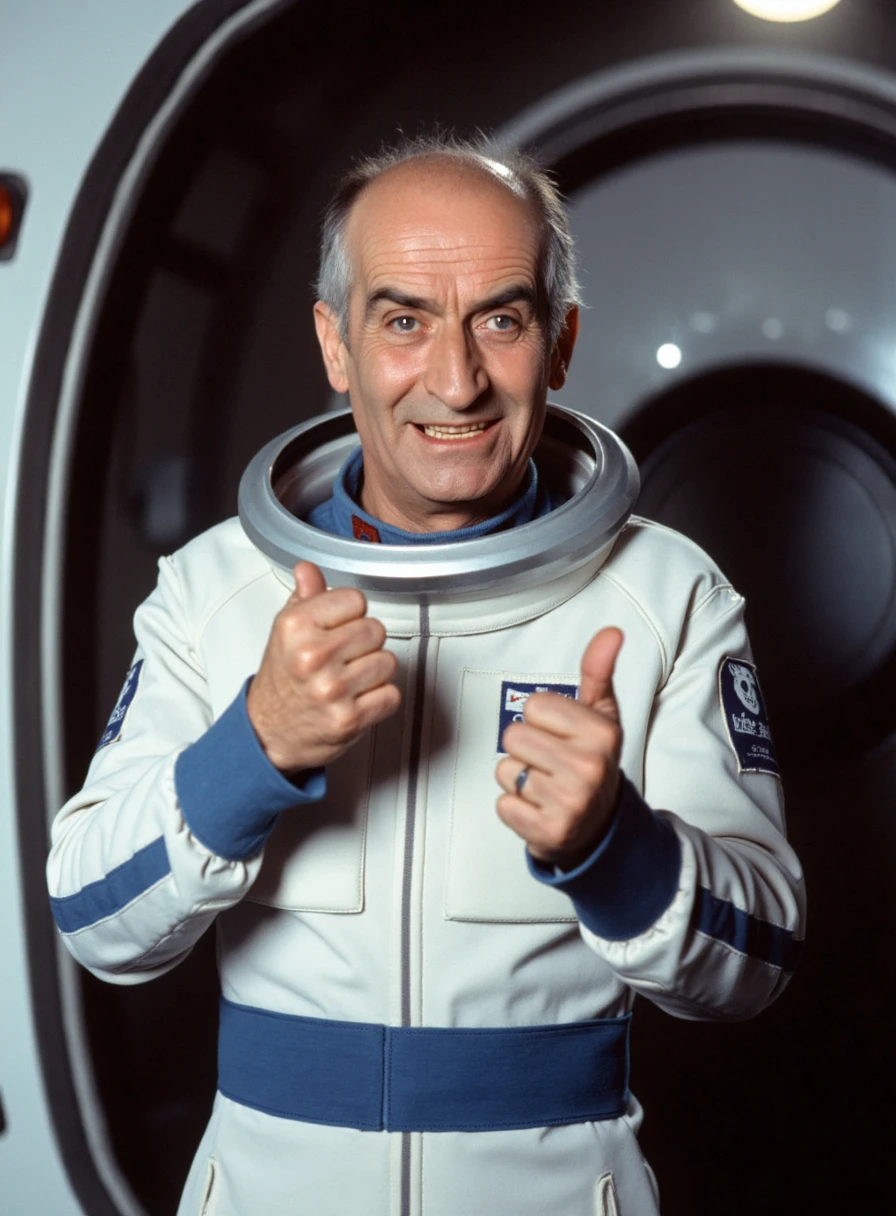 this high quality photo is depicting legendary french actor Louis de Funes a man 49 years old (defunex) that play John Rambo, a fierce special operation military agent, on a secret mission inside a rebel space station, undercover, he try to find the server room to disable the evil AI autopilot, he is wearing a peculiar rebel alliance white and blue stripes space suit, he is making a thumbs up sign with his left hand to signal the viewer everything is okay, ridiculously silly scene, real life, cinematic lighting, dynamic lighting, dramatic lighting, filmed by stanley kubrick, 2001 a space odyssey vibe, film grain, great composition, mysterious atmosphere, cliffhanger moment, he is performing one of his iconic grimacing facial expression