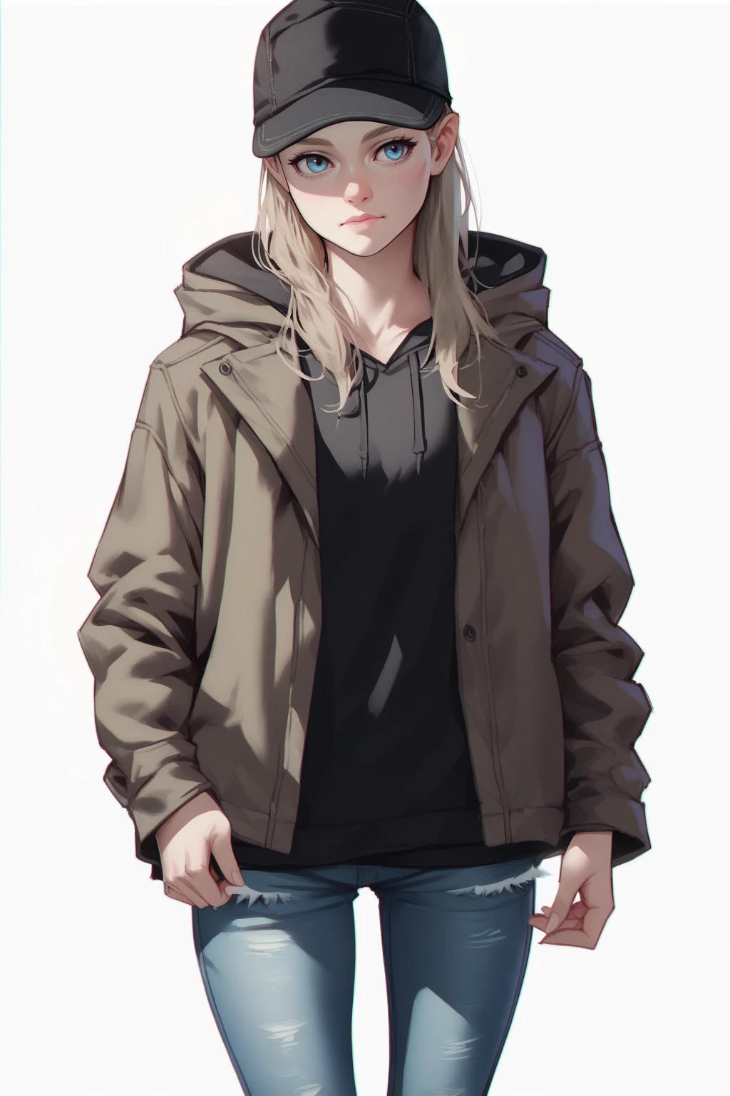 1girl, solo, cowboy shot, white background, rosewinters, blonde, blue eyes, cap, brown jacket, black hoodie, denim pants, white sneakers <lora:RE_Winters-PONY:0.8>, score_8_up, score_7_up, score_6_up, score_5_up, score_4_up,