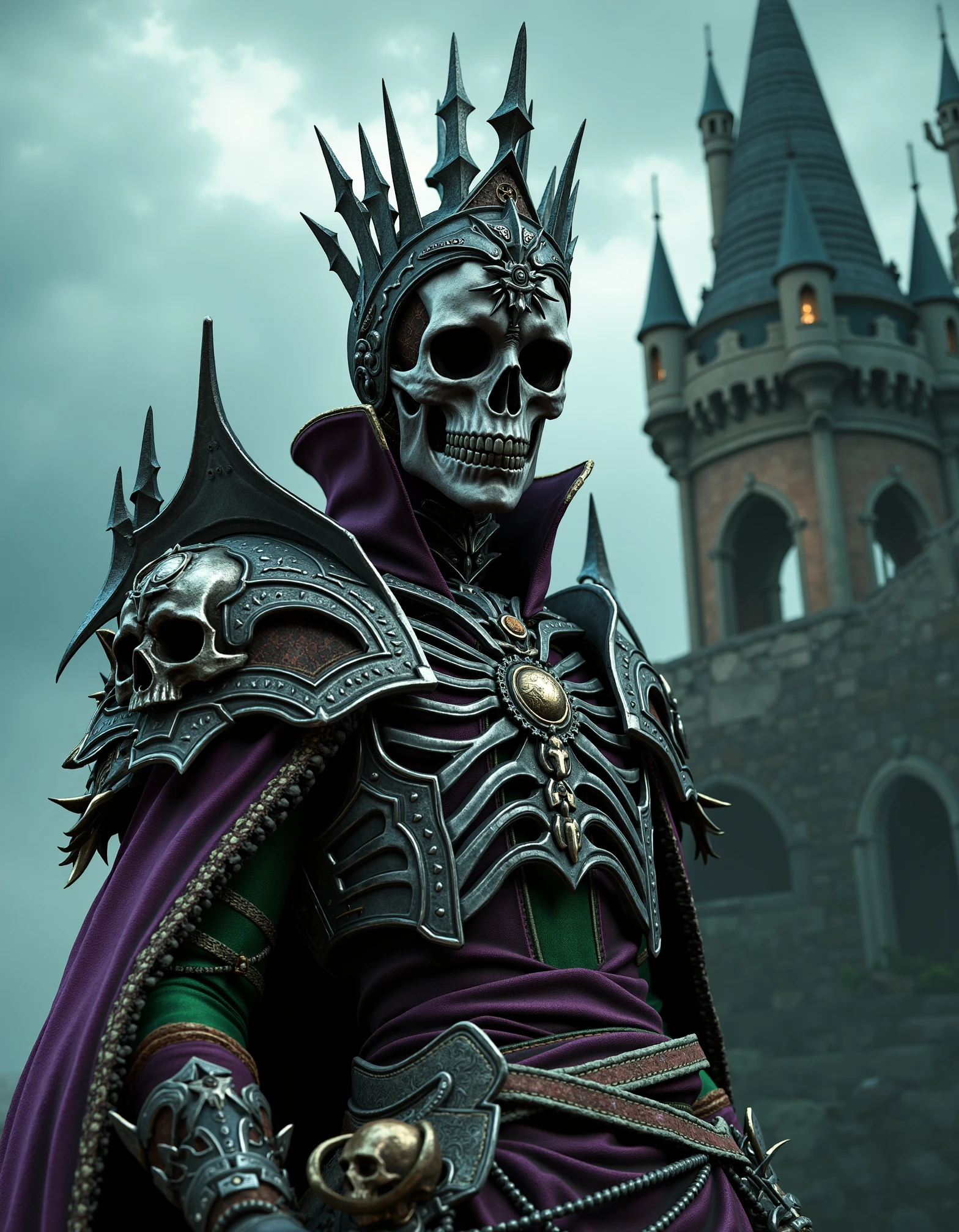 zavy-lch,Low-angle shot capturing the imposing figure of a lich queen, adorned in tattered royal robes with piercing silver eyes and intricate bone jewelry, set against a crumbling castle backdrop under a stormy sky, moody and atmospheric portrait style, monochromatic palette with deep purples and eerie greens.