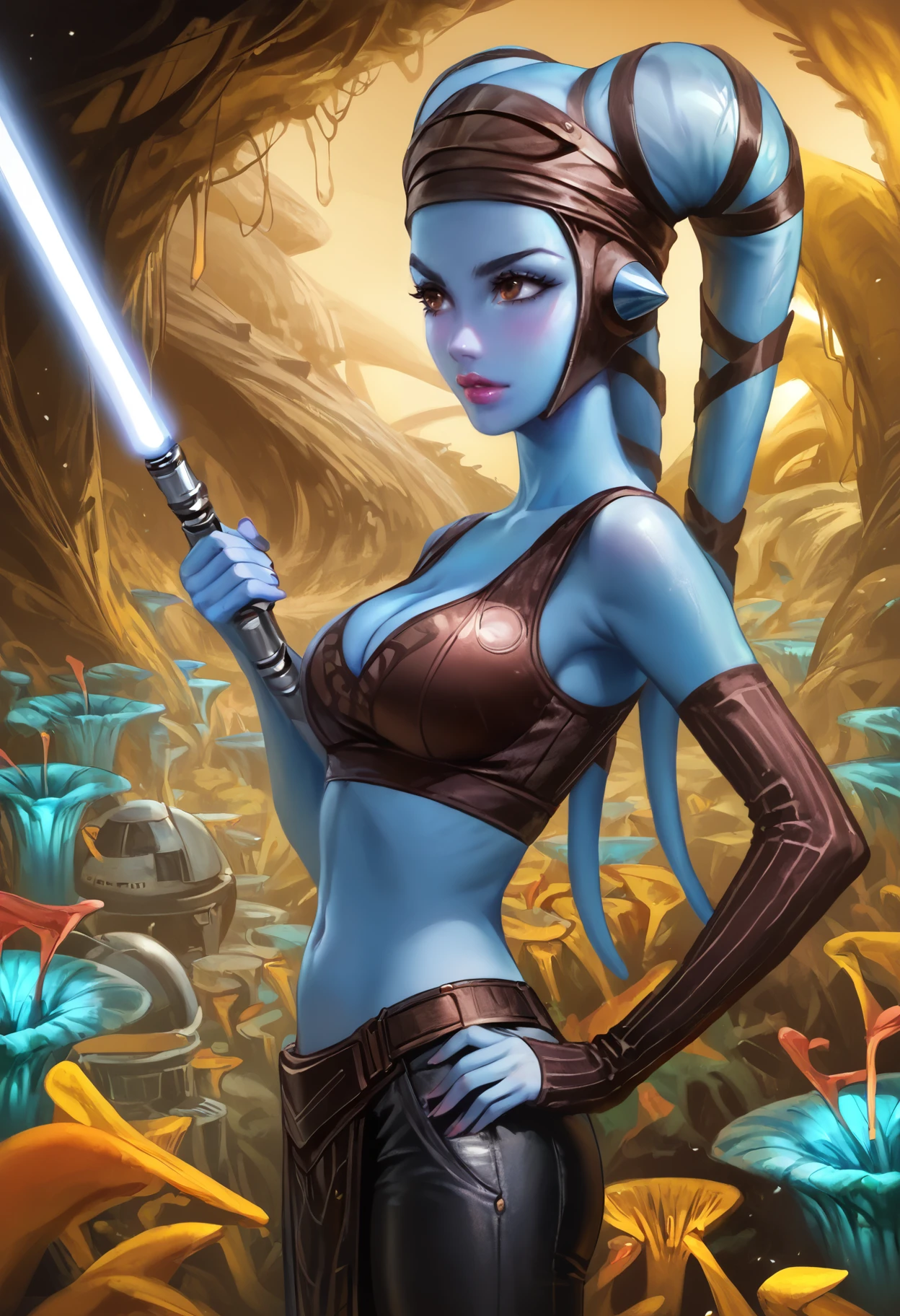 score_9, score_8_up, score_7_up, highly detailed, realistic, award-winning, professional, beautiful aesthetic, very intricate, high quality details. Aayla Secura, head dress, twi'lek, blue skin, brown eyes, alien, tentacle hair, hourglass figure, slim body, medium breasts, cleavage, athletic, long sleeve brown leather scale top, midriff, (leather pants), loincloth, from side, holding lightsaber, complicated background, (alien planet, dark yellow sky, alien flora, mushroom field, bioluminescent, pitcher plant, spaceship wreck, battle)
<lora:Aayla_Secura_Pony:0.7> <lora:felucia:1> <lora:Kittew-4RCH0N:0.8>