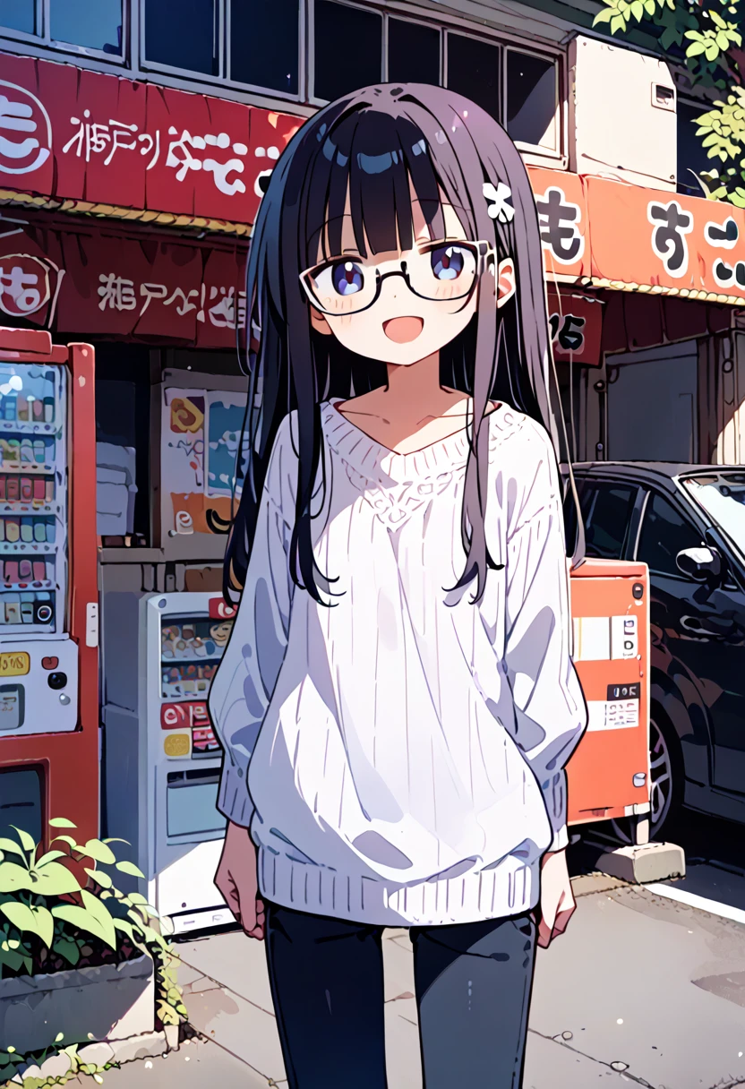 score_9, score_8_up, score_7_up, rating_safe, masterpiece, best quality, absurdres, unity 8k wallpaper, official art, official style, source_anime, uncensored, game cg, megami magazine,
1girl, solo, glasses, black hair, long hair, white ribbed sweater, happy, smile, looking at viewer, open mouth, solo focus,
moccos, scenery, storefront, japan, outdoors, plant, vending machine, road, tree, car, sign, real world location, building, street, storefront, potted plant, close-up
<lora:moccosu_pony_V1:1>