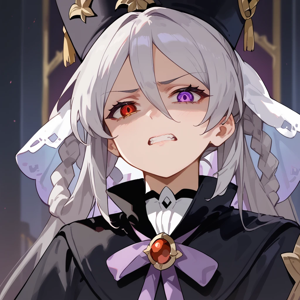 <lora:disgusted_face_xl_goofy:1>, disgusted face, disgust, shaded face, clenched teeth,
<lora:dubra6135:1>, dubra6135, hair between eyes, heterochromia, red eyes, long hair, grey hair, twintails, purple eyes, braided hair rings,
black hat, mitre, white veil,
black capelet, jewelry, purple ribbon, gem, brooch,, score_9, score_8_up, score_7_up, uncensored, source_anime