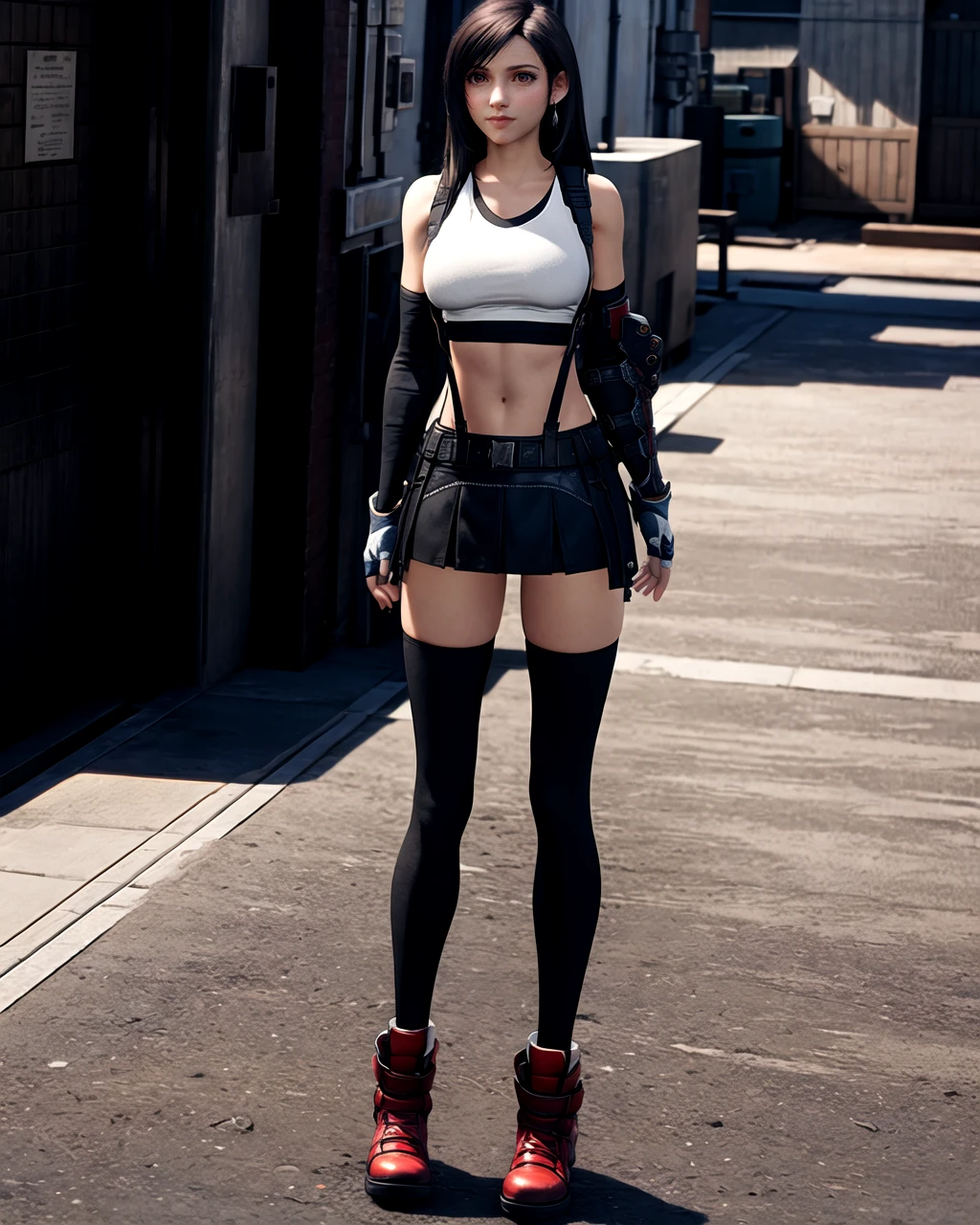 ((masterpiece, best quality;1.3)), ultra detailed, detailed background, tifa lockhart, final fantasy vii remake, ankle boots, red footwear, black skirt, suspender skirt, black thighhighs, white tank top, crop top, elbow gloves, single elbow pad, head rest, fingerless gloves, gloves, black hair, very long hair, big breasts, detailed eyes, ultra detailed eyes, suspenders, standing with back, full length, sports bra, outside, industrial zone background, narrow street, night, puddles on asphalt, reflection, small moon in sky, starry, after rain, fit body, <lora:Tifa-Lockhart-Final-Fantasy-VII-Remake-Intergrade-SD15:0.8>