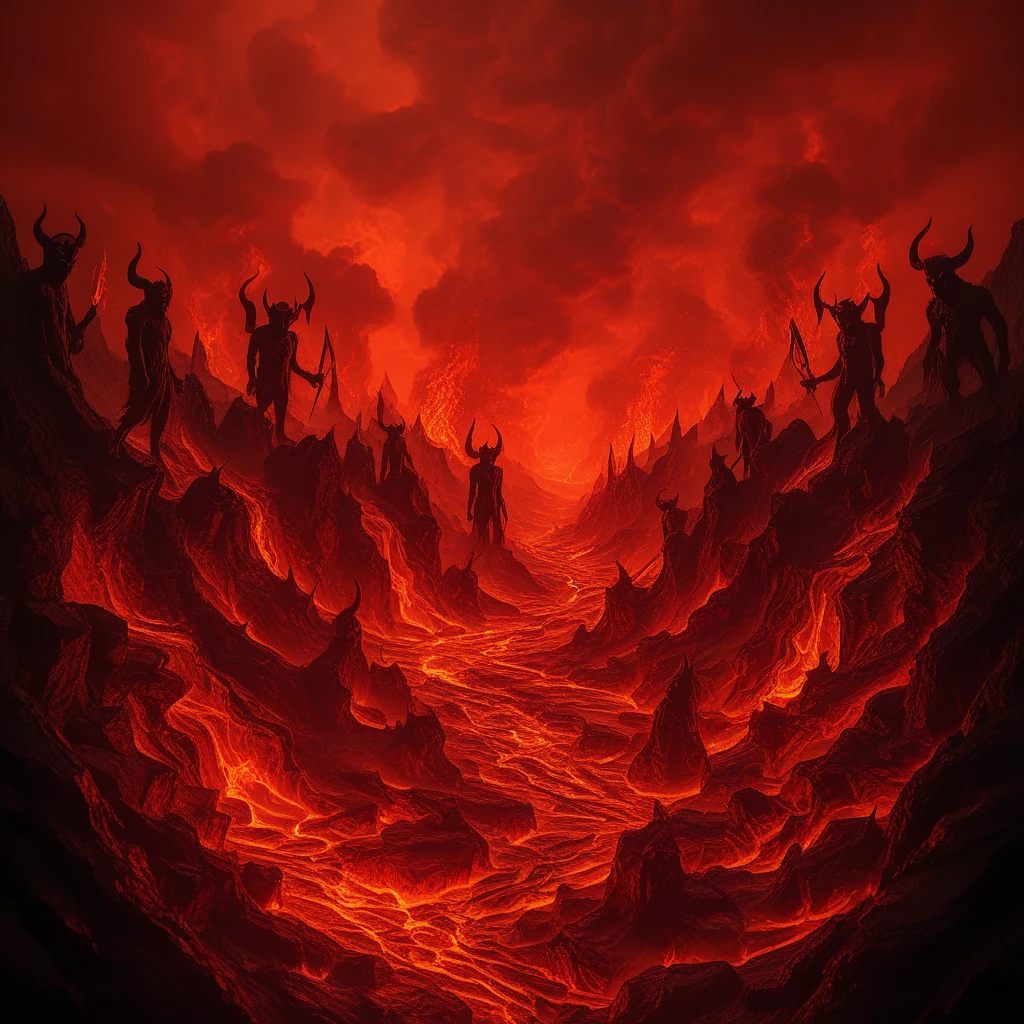 Multiple demons with horns and swords standing in a molten landscape, fire blazing around them. Dark clouds in the red sky, mountains in the distance, with a sinister, fiery ambiance and the entire scene outdoors.