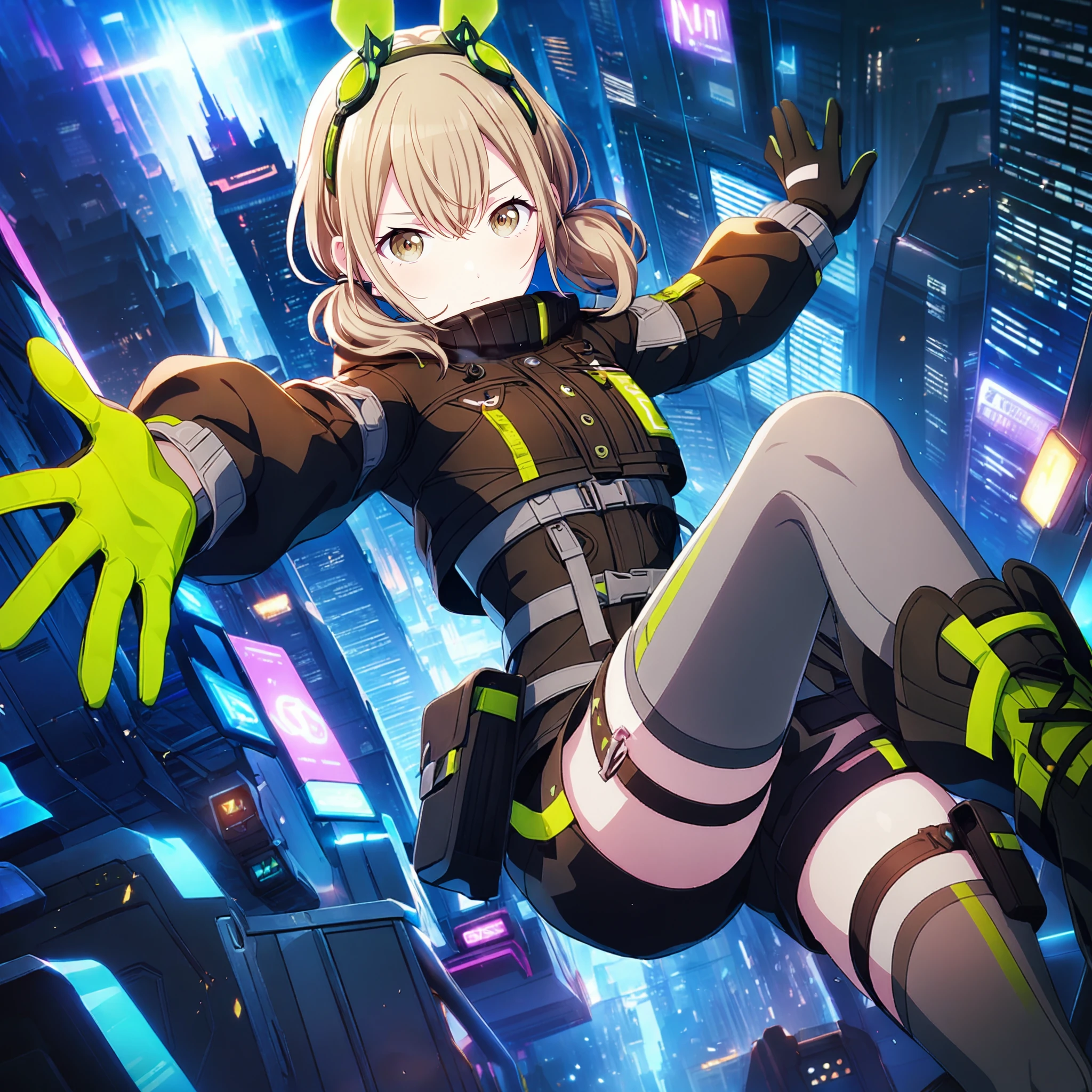 1girl, azusawa kohane, project sekai, masterpiece, very aesthetic, absurdres, official art,
sharp shooter, low twintails, blonde short hair, beige eyes, hair between eyes, 
looking at viewer, serious, diving, face focus, zero gravity, floating in the air, spread arms, spread legs,  BREAK
grey thighhighs, black gloves, fake rabbit ears, black shorts, mechanical ears, jacket, tactical clothes, thigh strap, thighhighs, black jacket, long sleeves, official alternate costume, short shorts, two-tone gloves, rabbit ears, thigh pouch, pouch, black thighhighs, headgear, green gloves,
cyberpunk city, light rays, luminescence, dark atmosphere, neon sign, skyscraper, City of night,
<lora:sdxl-ws-CyberNene02:0.9:lbw=0,0,0.2,0.2,0,0.4,0.4,0,0.8,0.8,0,0,0,0.8,0.8,0.6,0.8,0.0,0.0,0.0,0,0,0,0,0,0>