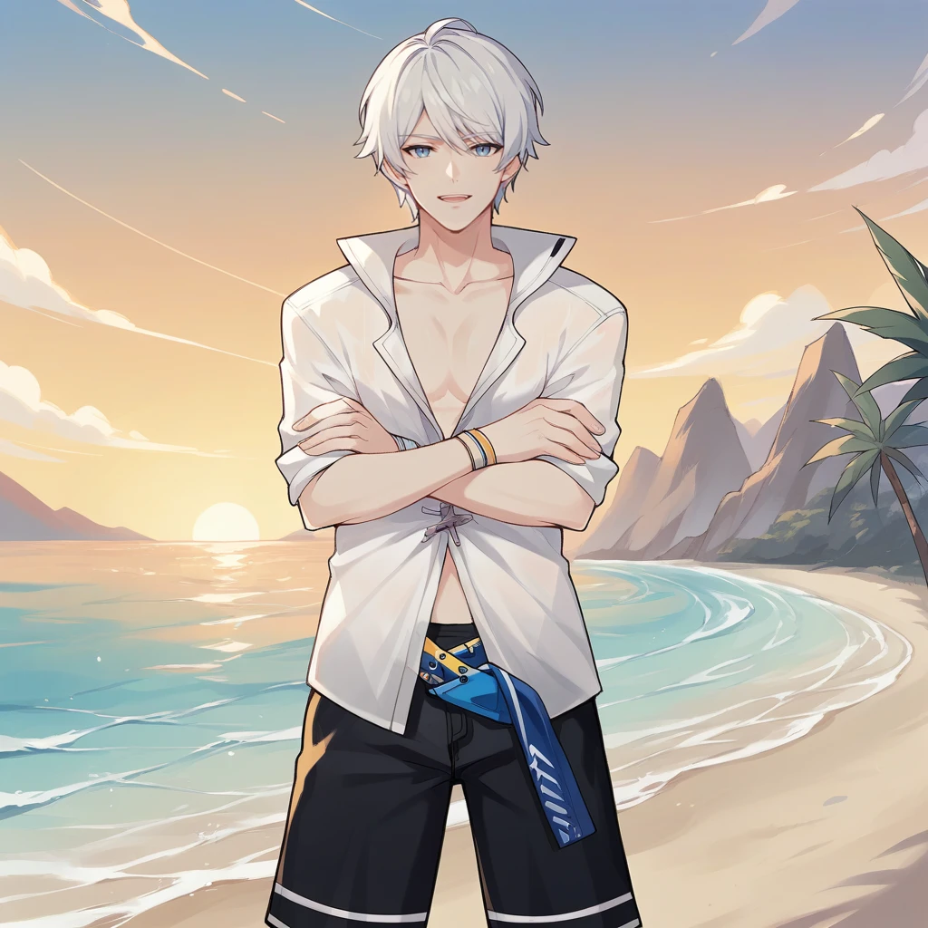 score_9_up, score_8_up, score_7_up, source_anime, 1boy, solo, beach, ocean, palm tree, standing, crossed arms, gentle smile, open mouth, head tilt, looking at you, angled shot, Kevin, white hair, blue eyes, short hair, Kas_Swm, alt white shirt, alt shirt, collared shirt, open clothes, swim trunks, black shorts, alt blue belt, wristband, yellow strap, rolled up sleeves, white sleeves, male swimwear, mature body, dynamic cowboy shot,