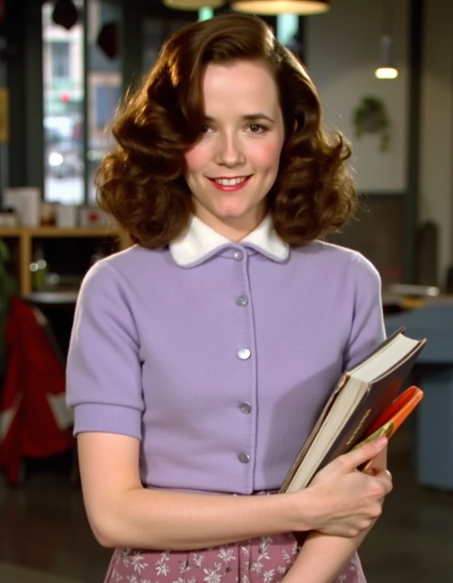 <lora:Lea_Thompson_1980s_Flux:1.3> This is an image of a women, She has a fair complexion and wavy, shoulder-length brown hair styled in soft curls. Her facial features are symmetrical with a gentle smile, and she has light brown eyes and a light pink lipstick. She is wearing a light purple, short-sleeved cardigan with a white collar, which is part of a vintage 1950s fashion style. The cardigan is made of a soft, knitted fabric, adding a cozy texture to her outfit. Holding school books, skirt, socks, She is standing in a cafe.