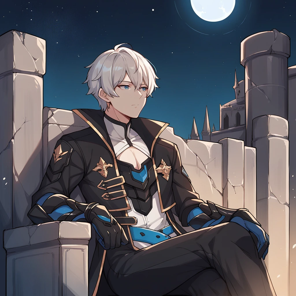 score_9_up, score_8_up, score_7_up, source_anime, 1boy, solo, starry sky, moon, dark castle, ruins, night, sitting on throne, stone throne, head rest, emotionless, looking ahead, arm rest, angled shot, Kevin, Kas_Def, coat, black coat, armor, shirt, white shirt, clothing cutout, blue belt, gauntlets, armored gloves, high collar, white hair, short hair, blue eyes, turtleneck, two-tone gloves, blue gloves, black gloves, mature body, dynamic cowboy shot,