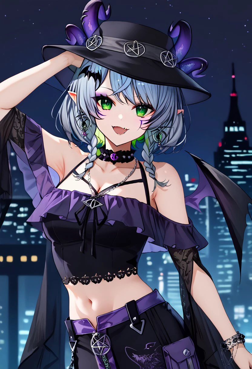 1girl, solo, solo focus, highres, absurdres, Froot2nd, demon girl, facial mark, green eyes, horns, bangs, braid, demon horns, multicolored hair, jewelry, choker, multiple horns, pointy ears, blue hair, green hair, twin braids, earrings, grey hair, colored inner hair, hat, black headwear, hat ornament,
demon wings, off shoulder, crop top, midriff, cleavage, collarbone, navel, bracelet, necklace, off-shounder shirt, black skirt, purple skirt, miniskirt, bare arms, bare shoulders,
looking at viewer, smile, open mouth, skin fang, head tilt, arm up, armpit, 
cityscape, night, night sky, dark, backlighting, silhouette,