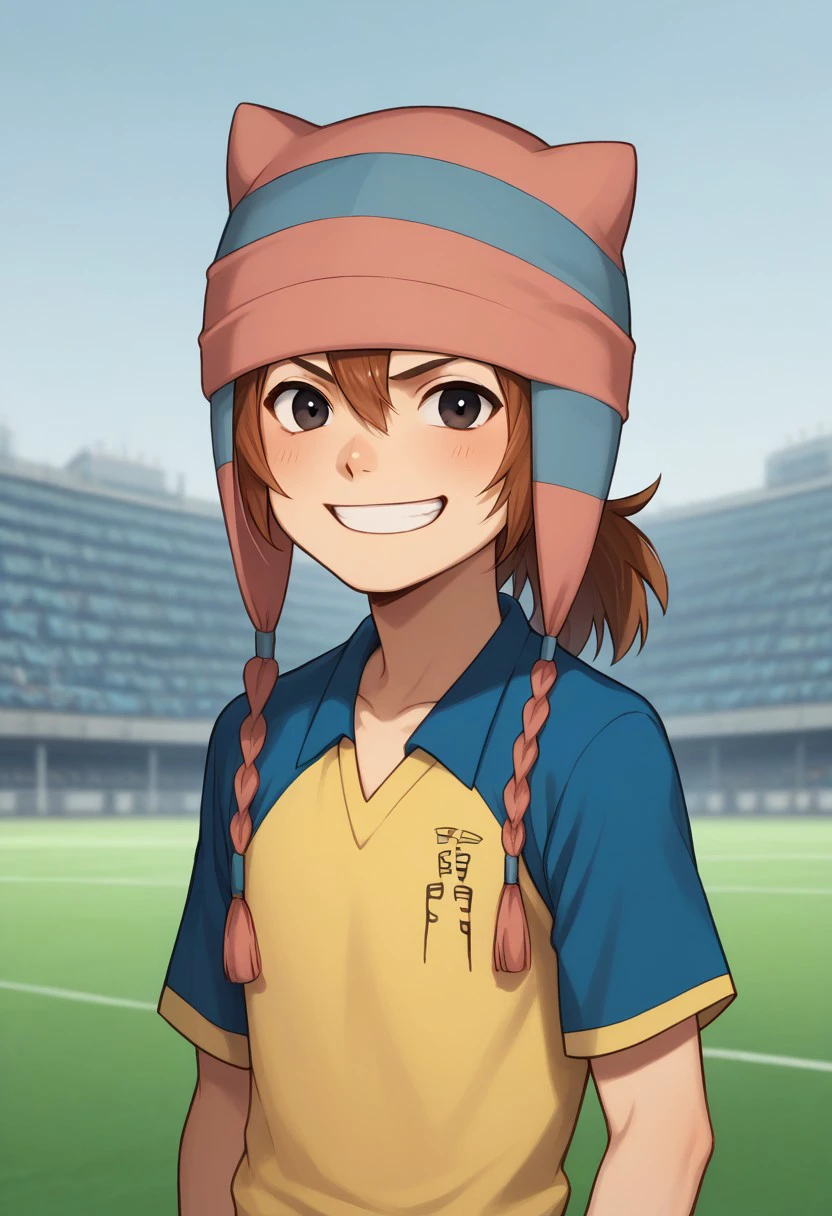 score_9, score_8_up, score_7_up, source_anime, highly detailed, 
matsuno, 1boy, male focus, solo, brown hair, black eyes, hat, animal hat, sportwear, raimon, soccer uniform, raimon soccer uniform, shirt, raglan sleeves, blue shirt, yellow shirt, short sleeves, upper body, smile, grin,
outdoor,