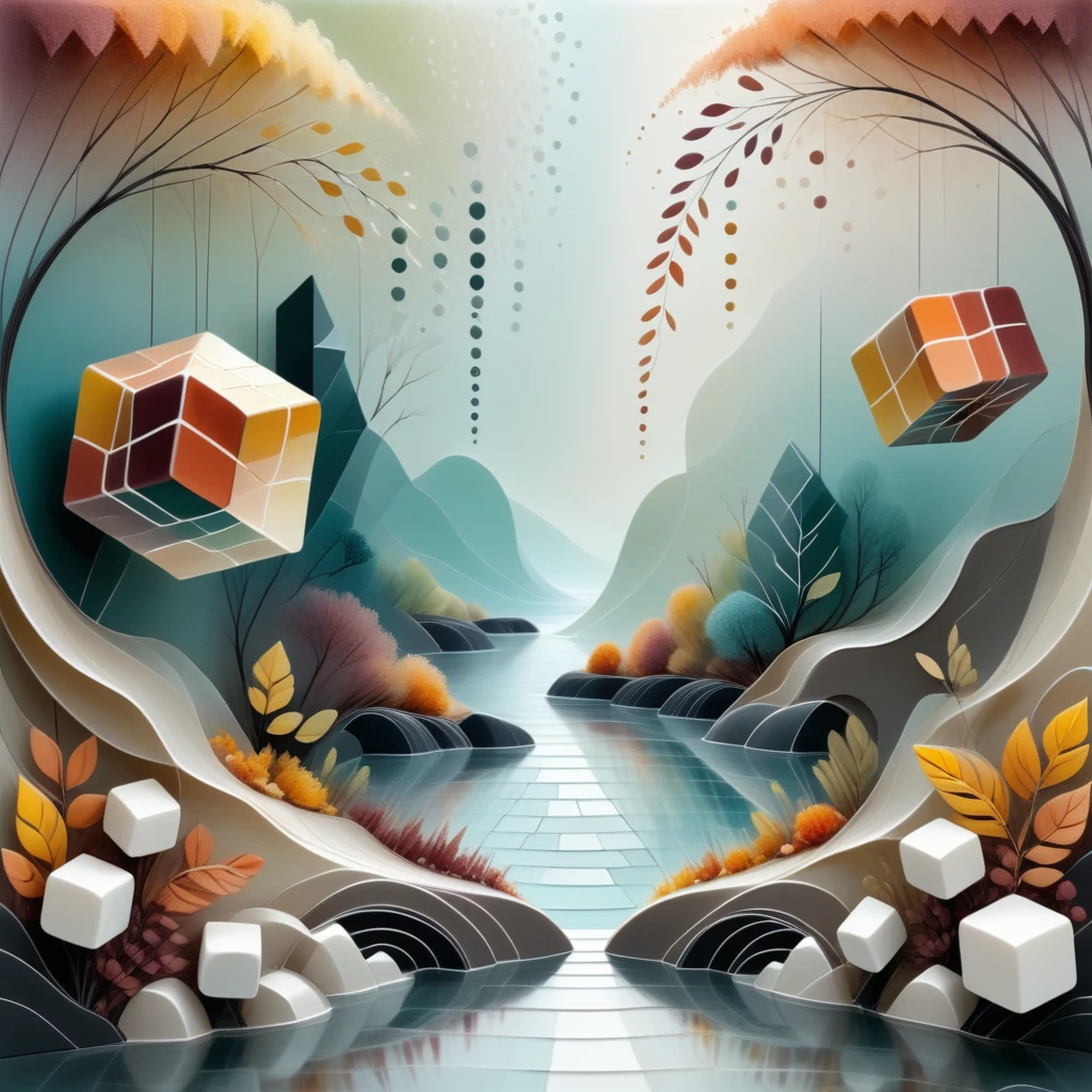 geometric nature print, island, cubes, acrylic paint, nylon, abstract style, Curved Perspective, autumn tones, striped pattern, dot matrix effect, smudge accents, asymmetrical, velvet-like texture, powdery finish  <lora:artfully_SOFTSUBTLE:1>, soft and subtle,