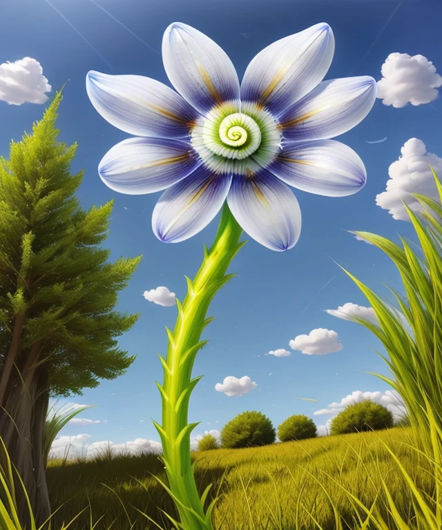 <lora:SpiralcorisSharp50DreamShSkip4:0.8> a flower with spiral core, daisy, sky, grass, nature background, realism