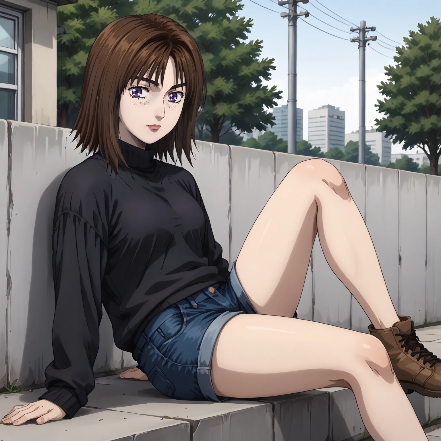 <lora:ID_KyokoIwaseXLpony003:0.8>,
outdoors,
solo,
KyokoIwase,1girl,brown hair,medium hair,bangs,purple eyes,
black sweater,turtleneck,
denim shorts,
sitting,