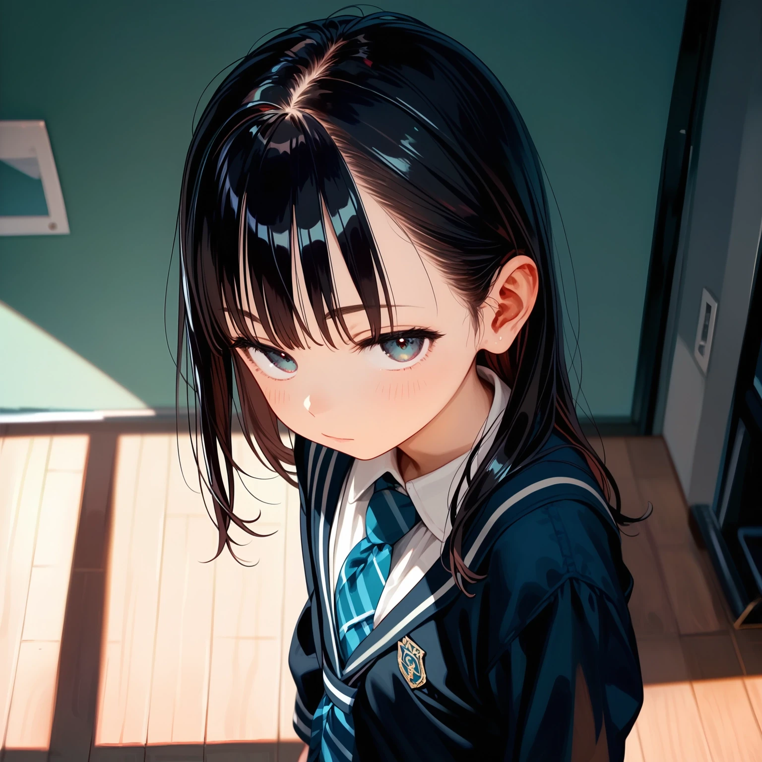 score_9, score_8_up, score_7_up, best_quality,   rating_safe,   highly_detailed, source_anime, best_quality, incredibly_absurdres,   indoors,     narrowed_eyes, looking_at_viewer,    school_uniform ,    cinematic, from_directly_above