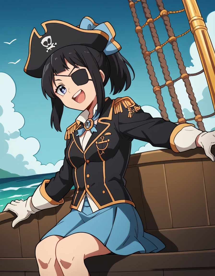 score_9, score_8_up, score_7_up, source_anime, <lora:azusa-sasaki-s2-ponyxl-lora-nochekaiser:1>, azusa sasaki, blue eyes, black hair, bow, ponytail, hair bow, medium breasts,, <lora:pirate-costume-ponyxl-lora-nochekaiser:1>, pirate costume, pirate hat, skirt, gloves, jacket, shirt, eyepatch,, blue sky, sea, ocean, pirate ship, treasure, gold, smug, open mouth, from below, sitting,, , dutch angle, cowboy shot