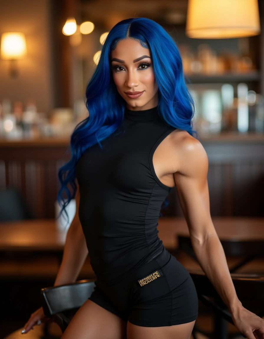 <lora:Mercedes_Varnado_Flux:1> This is an image of a women, beautiful detailed photograph,  muscular build, blue hair cascading , makeup  wearing a formfitting turtle neck dress, standing in cafe looking at the viewer, smile