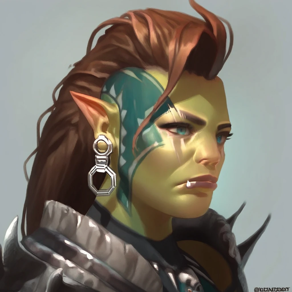 score_9, score_8_up, score_7_up, detailed face, detailed eyes, 1girl, solo, raidzargala, colored skin, green skin, pointy ears, orc, armor, pauldrons, scar, tattoo, earrings, closeup, portrait,