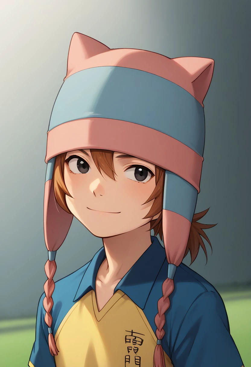 score_9, score_8_up, score_7_up, source_anime, highly detailed, 
matsuno, 1boy, male focus, solo, brown hair, black eyes, hat, animal hat, sportwear, raimon, soccer uniform, raimon soccer uniform, shirt, raglan sleeves, blue shirt, yellow shirt, short sleeves, upper body, smile,
outdoor,