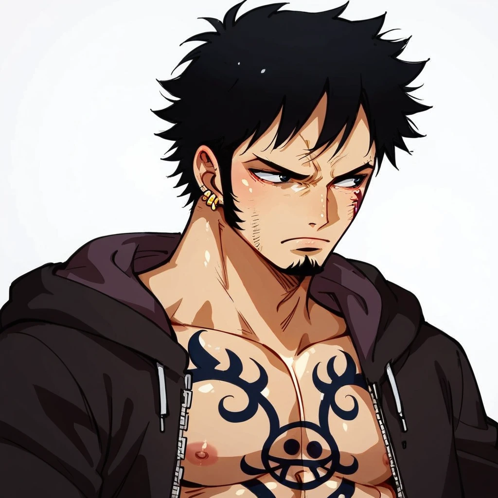 score_9, score_8_up, score_7_up, score_6_up, source_anime , shiny skin , nsfw , sexy ,( law_trafalgar, black hair, black eyes, short hair, facial hair, sideburns, long sideburns, goatee , earrings , tattoo, chest tattoo , hand tattoo) , upper body , closed mouth , looking away , simple background , white background, <lora:add-detail-xl:0.8> , 