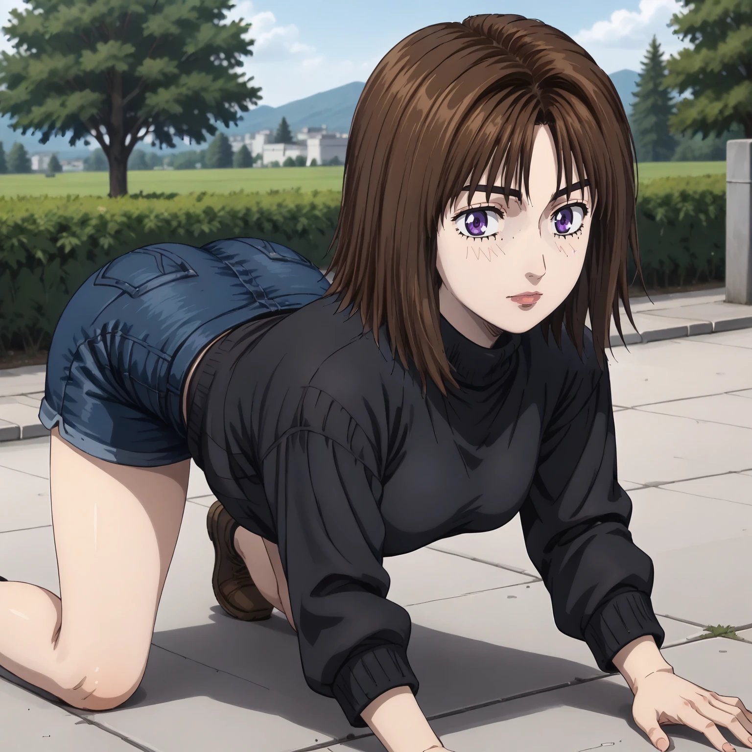 <lora:ID_KyokoIwaseXLpony003:0.8>,
outdoors,
solo,
KyokoIwase,1girl,brown hair,medium hair,bangs,purple eyes,
black sweater,turtleneck,
denim shorts,
all fours,