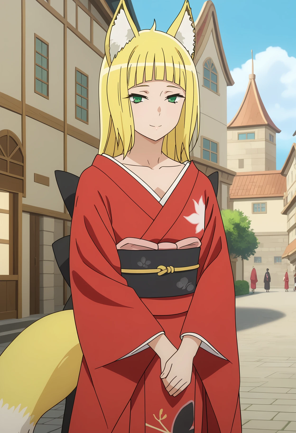 score_7_up, anime screencap,
<lora:DanMachi_HaruhimeSanjounoXL:0.9>,
1girl, closed mouth, light smile,
long hair, blonde hair, blunt bangs, green eyes, animal ears, fox tail,
HaruhimeKimono, red kimono, print kimono, floral print, collarbone, black sash, long sleeves,
v arms, own hands together, standing, looking at viewer,
medieval, city, outdoors, blue sky