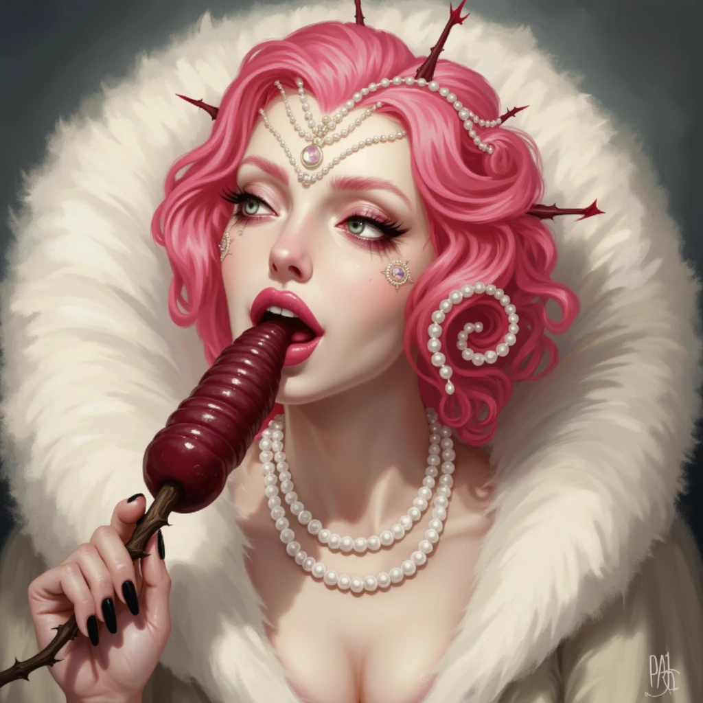 mhus, woman sucking on a dark red ribbed popsickle attached to a thorny branch, nide, pearl necklace, white fluff around head, spiraling pink hair protruding outwards, pearl jewelry in hair, pink around eyes, looking to the side, long black nails, small breasts