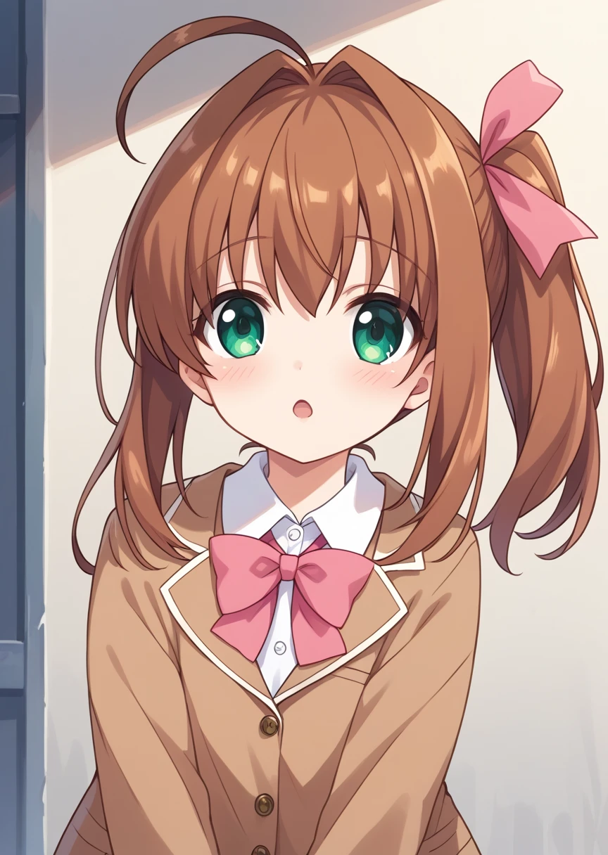 score_9, score_8_up, score_7_up, score_6_up, score_5_up, BREAK
Akar1, human, female, 1girl, solo, looking at viewer,side ponytail, blush, open mouth, brown hair, long sleeves, bow, ribbon, school uniform, green eyes, hair ribbon, upper body, ahoge, bowtie, :o, pink bow, brown jacket