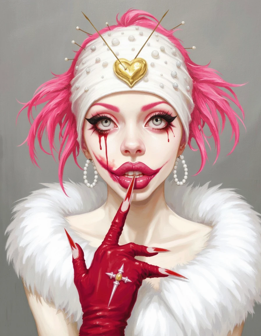 mhus, woman with smeared pink lipstick sticking her two fingers into her mouth, long sharp pointy nails, red fingerless glove with cross, red droplets of liquid, black eye liner with red eye shadow, white fluff around head, wearing white cap with white beads, a gold heart with needles sticking out of it, pink hair sticking out of the back, grey painted background