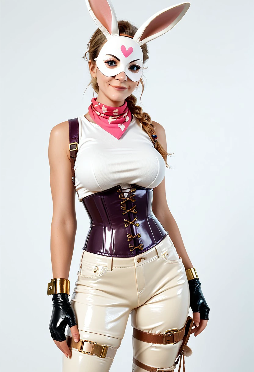 Score_9, score_8_up, score_7_up, best quality,
Stella, 1girl, Bunny Mask, skinny waist,sleeveless shirt, corset, pants, rabbit tail, fingerless gloves, kneepad, shinpad, bow thighstrap, gold wristband, bandana on arm, looking at viewer, looking at viewer, smirk, upper body, big breasts, wide hips, thick thighs, sexy, latex, skintight,