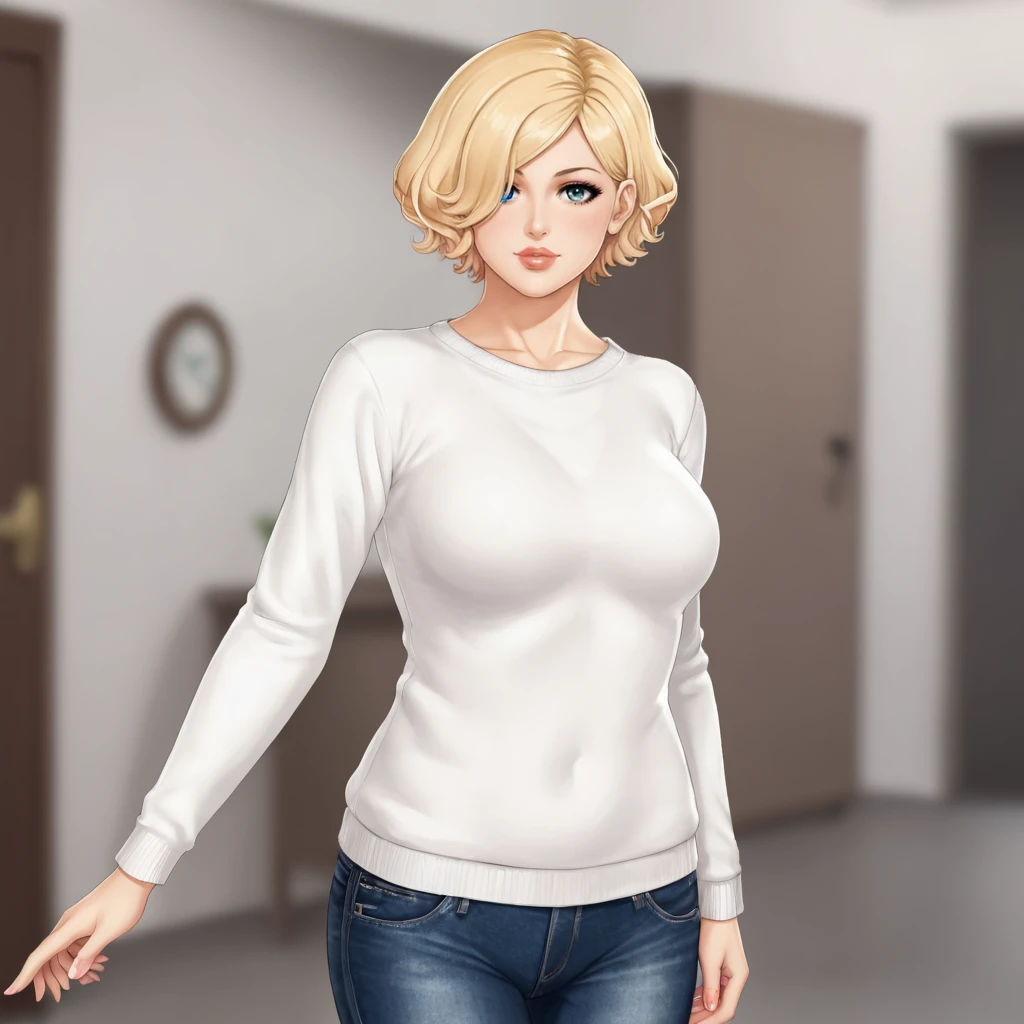 <lora:paulashadowofthedamned_pony_v1:.8> Paula, 1girl,short hair, blonde hair, blue eye, silver eye, heterochromia,  hair over one eye, lips,  cowboy shot, sweater, jeans