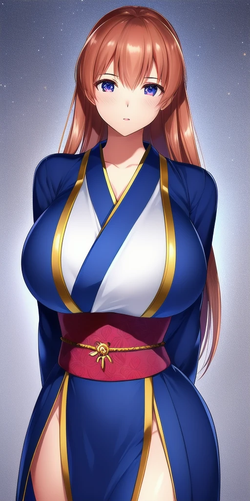 <lora:KasumiHellabunaV6:.8> kasumi_hellabuna, huge_breasts, standing, solo, arms_behind_back, starry_sky, , japanese_clothes,, masterpiece, best_quality, detailed_face, detailed_eyes, highres, beautiful, detailed, absurdres,