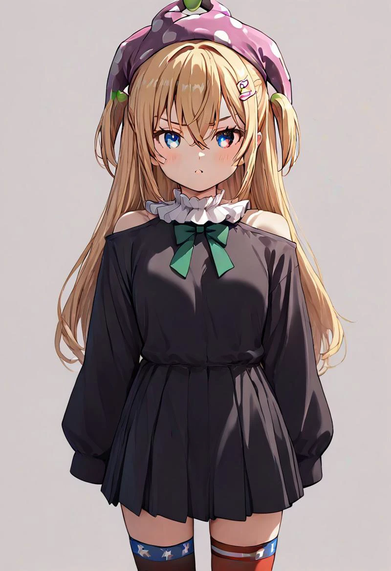 zPDXL3, score_9, score_8_up, score_7_up, source_anime, 1girl, very long hair,long hair,brown hair,two side up,hair bow,red bow,hairclip,heart hair ornament,hair between eyes,bangs,blue eyes, green bow on neck, black dress, short dress, (bare shoulder:1.4), white frilled trim, puffy long sleeves,sleeves past wrists, black socks, black loafers, standing, looking at viewer top down close-up, clownpiece, jester cap, neck ruff, blonde hair, long hair, american flag legwear, american flag dress, red eyes, short sleeves