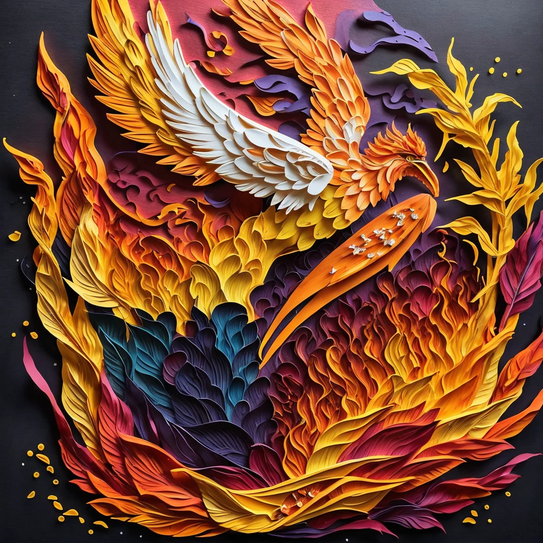 (no humans),phoenix,wings,fire,flame,fantasy,abstract,(portrait),Highly detailed,(ultra-detailed),(best quality,masterpiece:1.5),<lora:paper art:0.9>,paper art,