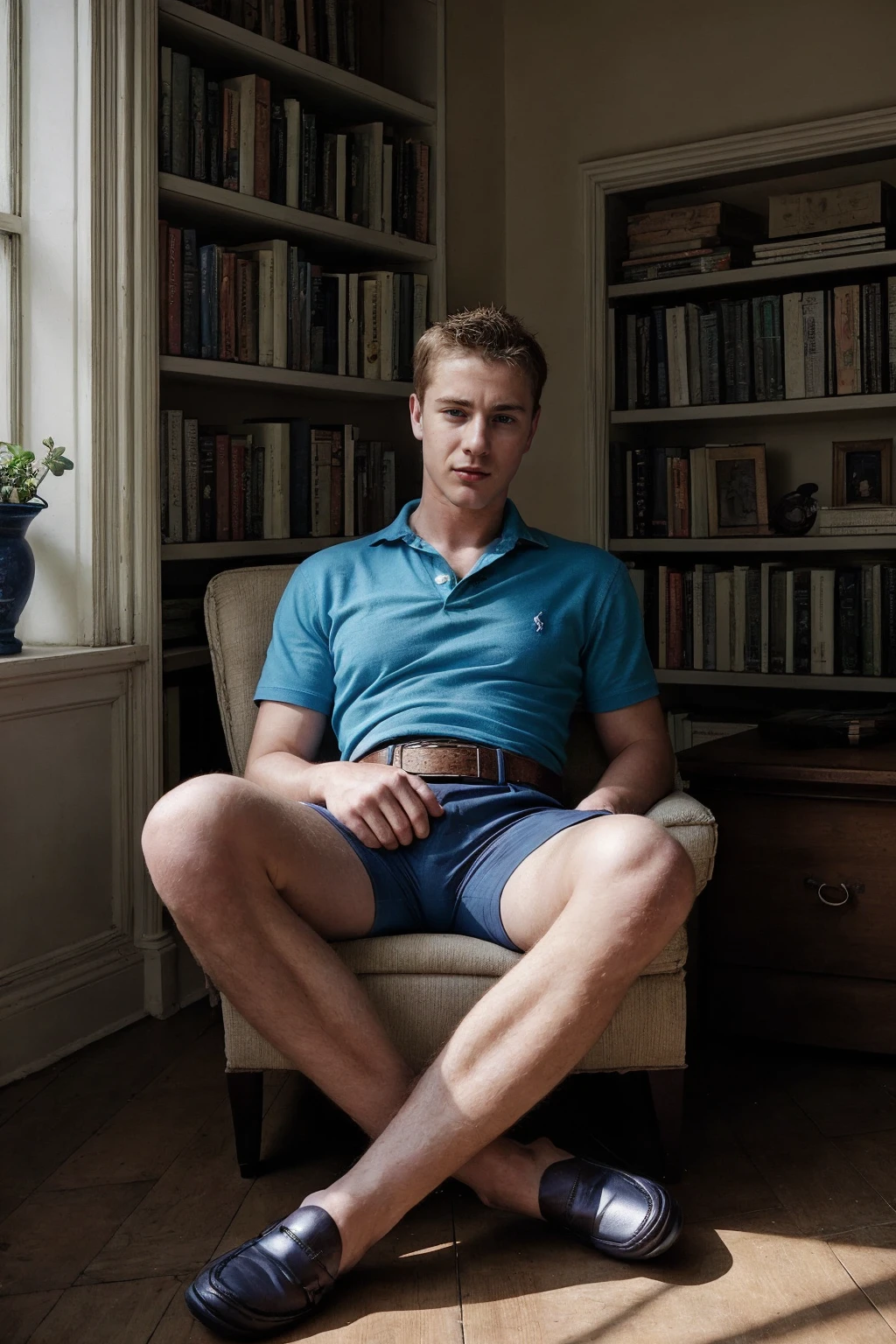 brochure, english text, books, <lora:cf_dru_epoch_7:0.8> cf_dru wearing blue polo shirt and shorts and loafers, vintage belt, Ralph Lauren editorial, relaxed confidence, rim lighting <lora:Rembrandt Lighting style SD1.5:0.5>, sitting, wide angle, (indoor plant:0.3)