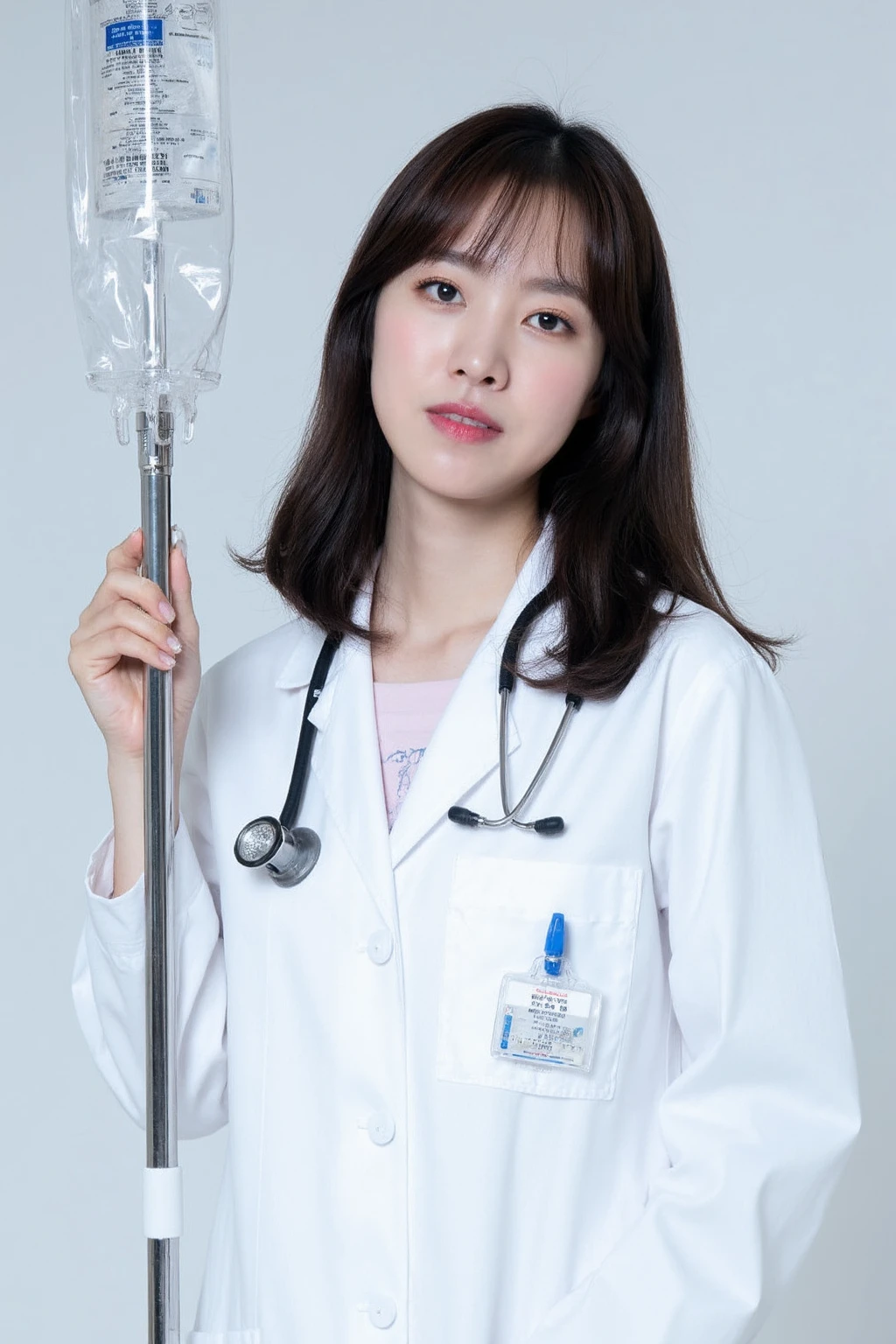 The image shows a young asian female doctor wearing a white lab coat, standing with an IV stand. Her expression is calm yet serious, possibly conveying a professional demeanor. The lab coat and ID badge suggest she is in a medical or healthcare setting, such as a hospital or clinic. The pen holder and stethoscope visible on the lab coat further emphasize her role as a medical professional. The IV stand she is holding could indicate that she is attending to a patient or is involved in administering treatment.  <lora:flux_realism_lora:1>,<lora:makinaflux_jinseyeon_v1.0:1>