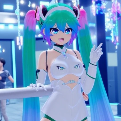 The image is a CGI-rendered digital illustration in a vibrant, anime-inspired style. The scene features a young woman with striking features: large, expressive blue eyes, and long, multicolored hair styled in twin tails that transition from bright green to pink and blue. She has cat-like ears and wears a futuristic, white and silver outfit that includes a high-collared top and thigh-high boots., mantis-x