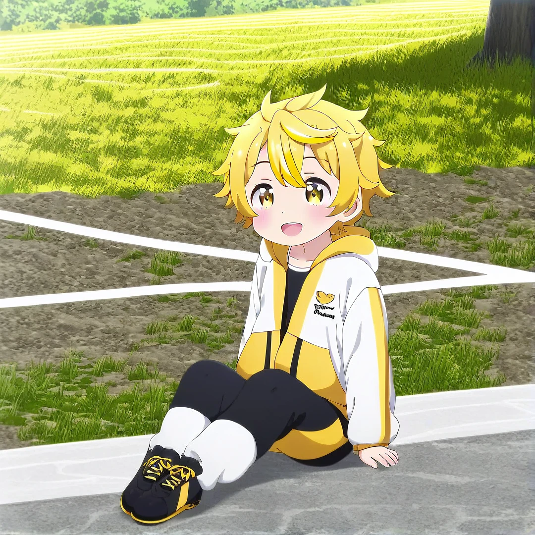 1boy, wears a white hoodie, white jogging pants, black shoes, multicolored hair, yellow hair, white hair, yellow eyes, cute face, yellow waistcoat with sleeves, beautiful scenery