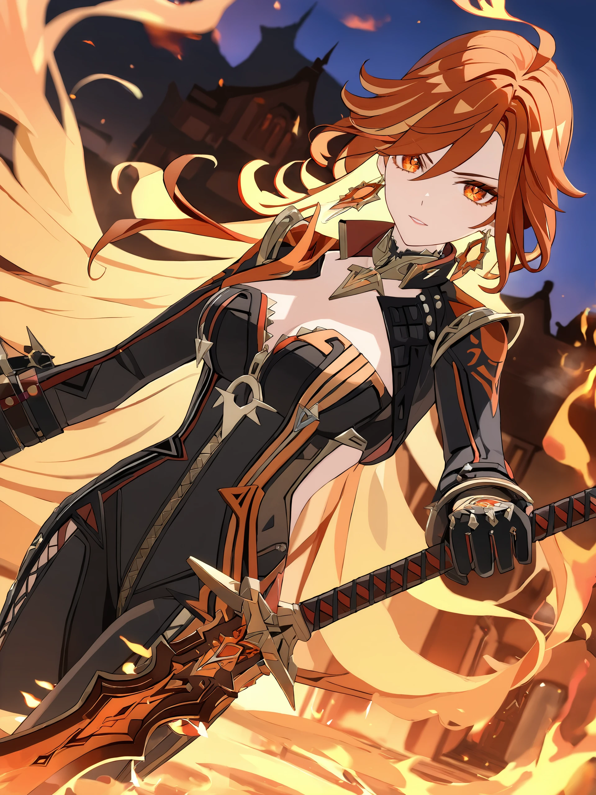 1girl, mavuika \(genshin impact\), earrings, black bikesuit, black gloves, shrug \(clothing\), metal collar, cowboy shot,  fire, fiery hair, embers, looking at viewer, floating hair, glaring, hand on hilt, sword <lora:Char-Genshin-Mavuika-V2-SDXL:0.9>, masterpiece, best quality, very aesthetic, ray tracing, newest, illustration, incredibly absurdres, ultra detailed, [<lora:detailed_notrigger:0.95>::0.5]
